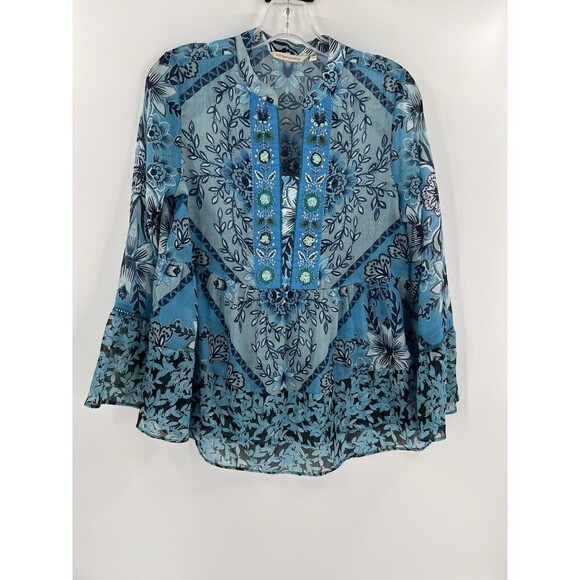 Soft Surroundings Oasis Tunic Embroidered Floral Blouse Blue Sheer XSMALL EUC - Picture 4 of 14